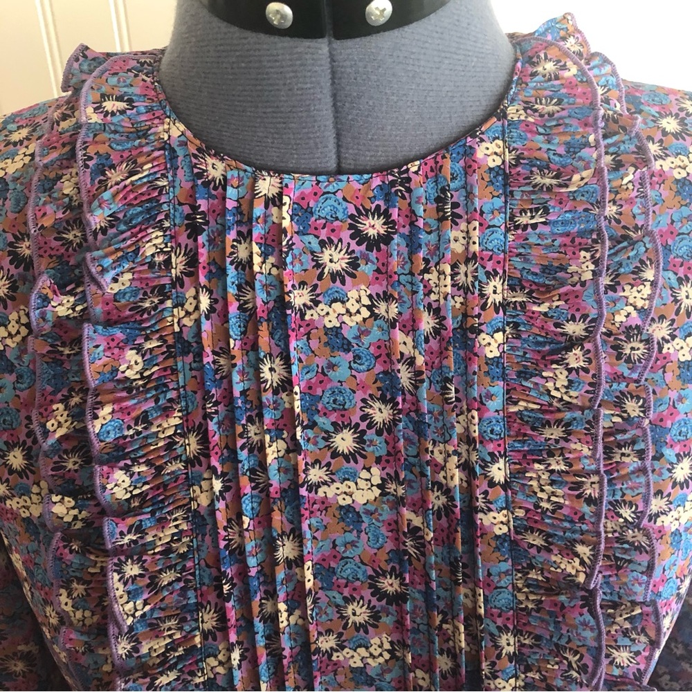 Vintage Ruffles Pleats Floral Dress Long Sleeve Colorful Fuchsia Lavender Silky - Picture 7 of 16